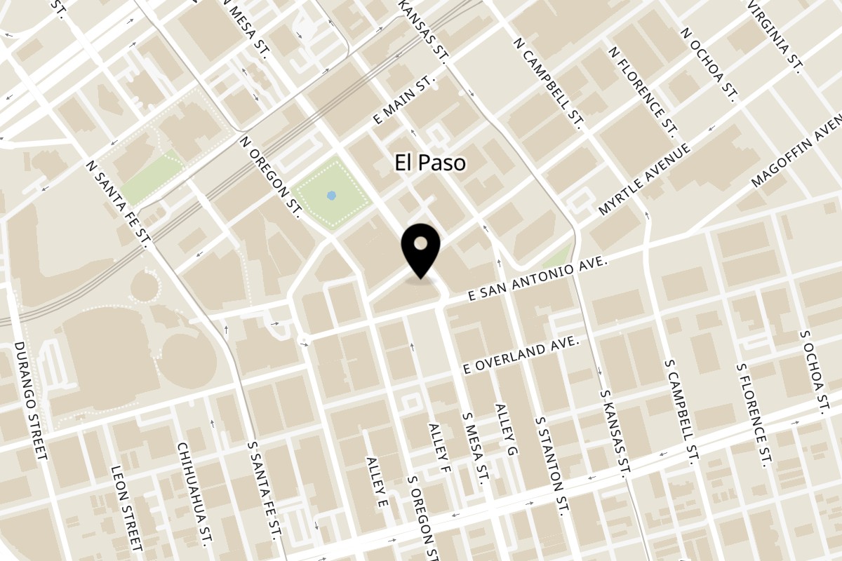 Map showing the location of Chelito's Downtown on 115 N Mesa St in El Paso